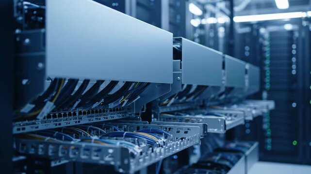 Data Center Infrastructure with Airflow Management - A medium shot showcases the organized layout of a data center, highlighting the cable trays and airflow management devices.