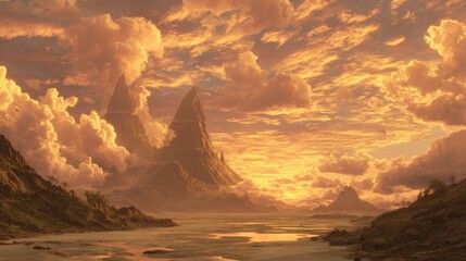 Bright orange and yellow hues fill the sky as the sun sets behind towering mountains. A calm river reflects the colors surrounded by lush greenery and soft clouds.