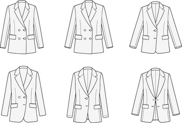 Collection of women's blazer fashion flat sketches Keywords: blazer, jacket, women, fashion