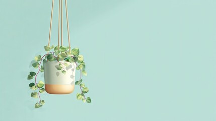 Stylish Hanging Planter with Lush Green Foliage Against Soft Wall