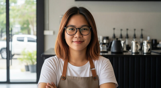 Smiling Asian Barista Portrait in Coffee Shop