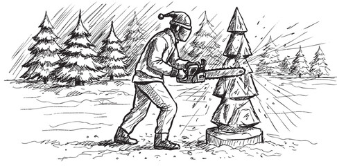 Obraz premium Young caucasian male sculpting christmas tree from ice with chainsaw in snowy forest – retro hand drawn illustration