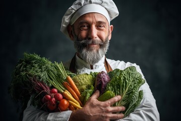 Smiling Chef Holding Fresh Organic Vegetables in Professional Kitchen