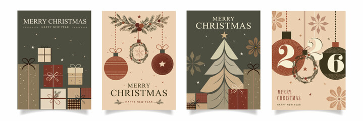 Retro Christmas and New Year greeting card set 2026 with gift boxes, Xmas tree, holiday wreath and decorative ornaments. Vintage festive background design template for winter celebration invitation.