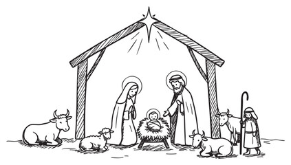 Nativity scene with baby jesus, mary, joseph, shepherd, animals, christmas setting, black and white illustration &ndash; retro hand drawn illustration