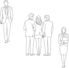 Business people illustration, professional team outline, office workers in suits, corporate communication concept, workplace diversity vector, company staff silhouette drawing
