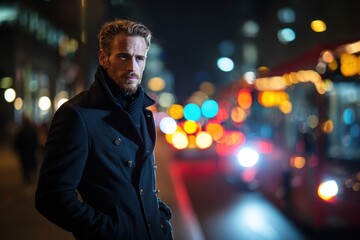 Stylish man in urban night scene with blurred city lights effect