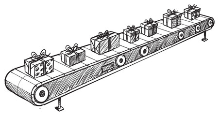 Gift-wrapped presents on conveyor belt illustration depicting factory production process – retro hand drawn illustration