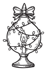 Hand-drawn holiday lamp with decorative bow and string lights illustration – retro hand drawn illustration