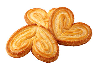 Golden brown palmiers pastries shaped like hearts isolated on transparent background