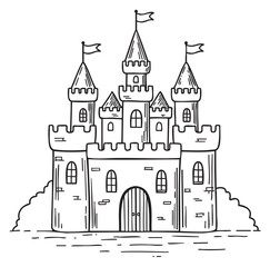 Fototapeta premium Hand-drawn medieval castle with towers and flags illustration – retro hand drawn illustration