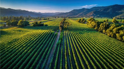 Rolling Vineyard Landscape Under Clear Blue Sky in Mountainous Terrain