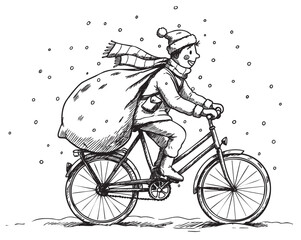 Obraz premium Festive caucasian male santa bicyclist in snowy scene wearing scarf and hat – retro hand drawn illustration