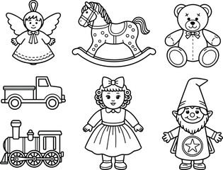 Outline Drawings of Children's Toys and Figures angel rocking horse