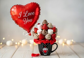 Chocolate covered strawberries and marshmallows in a mug with a heart balloon