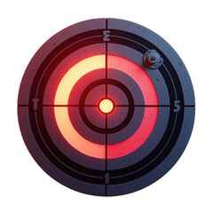 Circular target design features concentric rings with illuminated orange and red glow, a complex 3D rendered illustration against a solid black background, showcasing precision and focus with its...