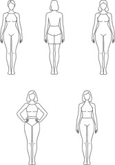 Female body shape illustration, diverse women figure outline, anatomy posture chart, fashion design template, body diversity concept, health education vector drawing