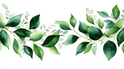 A watercolor design featuring an arrangement of green leaves showcasing a mix of shapes and shades. Perfect for use in background art invitations or decorative projects.