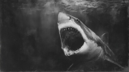 In the deep blue ocean a great white shark showcases its impressive size and strength with its mouth wide open displaying sharp teeth. The scene captures the majesty of marine life.