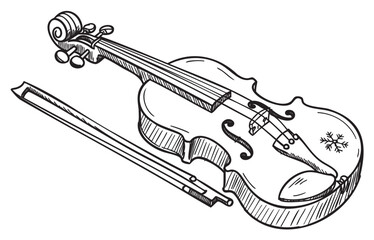 Obraz premium Hand-drawn violin with bow and snowflake design – retro hand drawn illustration