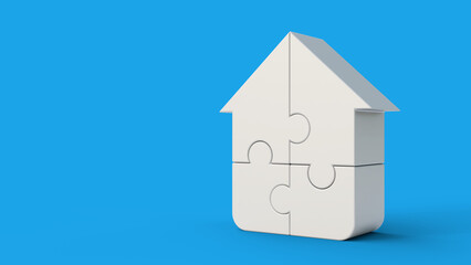 Jigsaw puzzle in the shape of a house on a blue background. Real estate concept with copyspace. Concept of teamwork and business strategy. Real estate, mortgage and construction background.