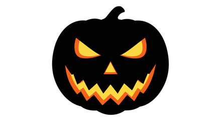 A black Halloween pumpkin with glowing yellow eyes, nose, and jagged teeth, set against a white background.