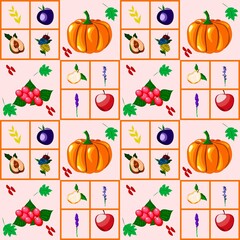 Autumn seamless pattern with pumpkins plums and vegetables