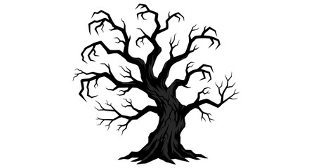 Silhouette of a bare, gnarled tree with many branches against a white background.
