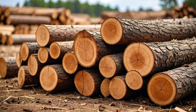 Piled logs on the ground.  Forest lumber