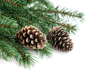 Close up of lush green fir tree branches with pine cones for holiday decor and nature themes