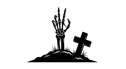 A skeleton hand emerges from a grave near a cross, depicted in black and white.