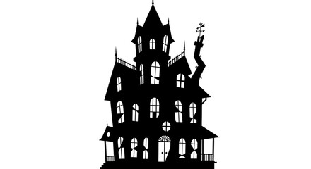 Silhouette of a spooky, gothic-style house with many windows and a crooked chimney.