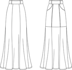 Long flared skirt fashion flat sketch with waistband and panel seams technical drawing vector illustration front and back view