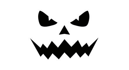 Carved pumpkin face with sharp teeth, triangular nose, and menacing eyes on a white background.