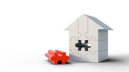 Puzzle house with a missing piece on a isolated background. Concept of teamwork, finance and business strategy. Real estate, mortgage and construction background. Puzzle house with copyspace.