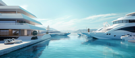 Luxury Yacht Marina Reflecting Calm Water Modern Architecture Seascape Lifestyle Concept