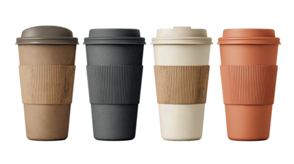 Set of four takeaway cups in kraft, charcoal, ivory, and terracotta with varied sleeves isolated on transparent background.
