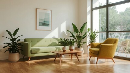 Cozy Living Room with Green Furniture and Indoor Plants