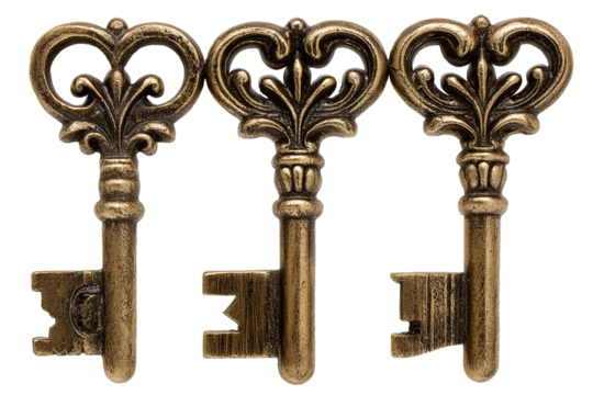 Vintage keys with decorative bows and aged brass patina arranged tip-to-tip isolated on transparent background.
