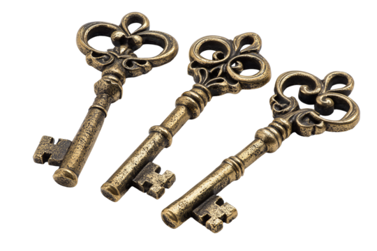 Vintage keys with decorative bows and aged brass patina arranged tip-to-tip isolated on transparent background.
