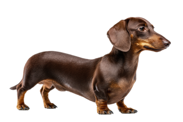 Chocolate dachshund with glossy coat highlights facing right isolated on transparent background.
