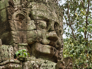Bayon Faces in the Jungle - A close-up of two weathered, moss-covered stone faces carved into the ancient temple ruins, surrounded by lush jungle.