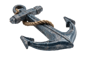 Traditional ship anchor with rope and textured steel surface isolated on transparent background.
