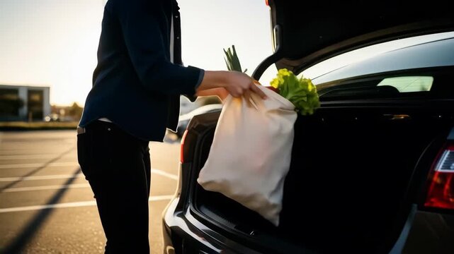 A person loads a reusable tote bag full of fresh groceries into the trunk of their car in a parking lot.