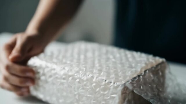 A person's hands carefully wrap a package in protective bubble wrap, preparing it for shipping or storage.