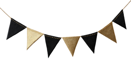 Pennant bunting with alternating black velvet and gold satin triangles on cord isolated on transparent background.

