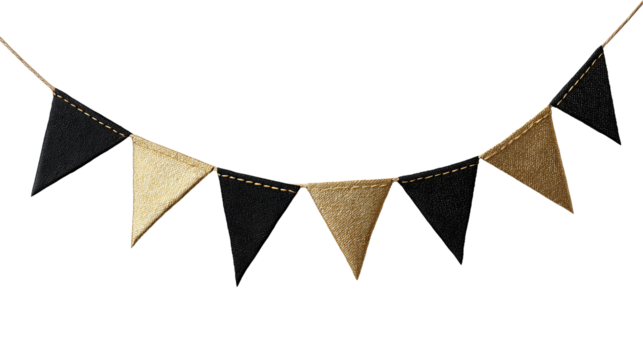 Pennant bunting with alternating black velvet and gold satin triangles on cord isolated on transparent background.
