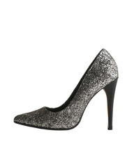 Obraz premium Single glitter pump with gunmetal sequins, pointed toe and satin black heel isolated on transparent background. 