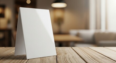 Blank white sign stand on a wooden table in a cozy cafe setting with soft lighting