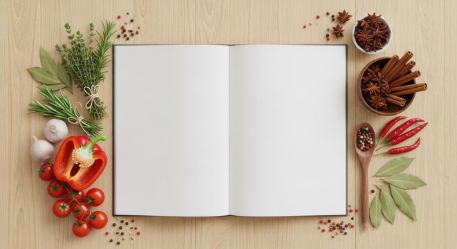 Blank recipe book surrounded by fresh ingredients and aromatic spices for culinary inspiration